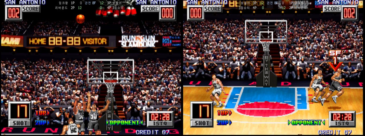 Run and Gun 2 online - both team screens side by side with the netplay HUD